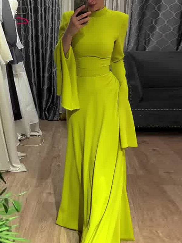 Ruffle Sleeves Skinny Belted Color Round-neck Maxi Dresses