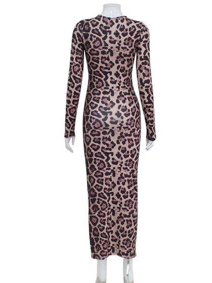Bodycon Long Sleeves Leopard Printed Round-neck Maxi Dresses