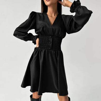 Folds Satin Dresses for Birthday V Neck Slim Dress Femme Party Temperament Retro Midi Dress Woman