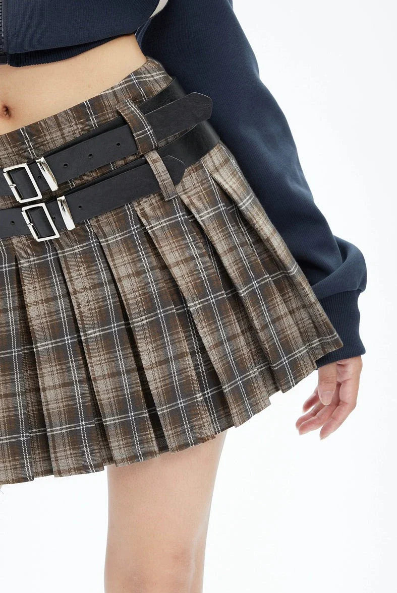 Plaid Double-belt Pleated Skirt