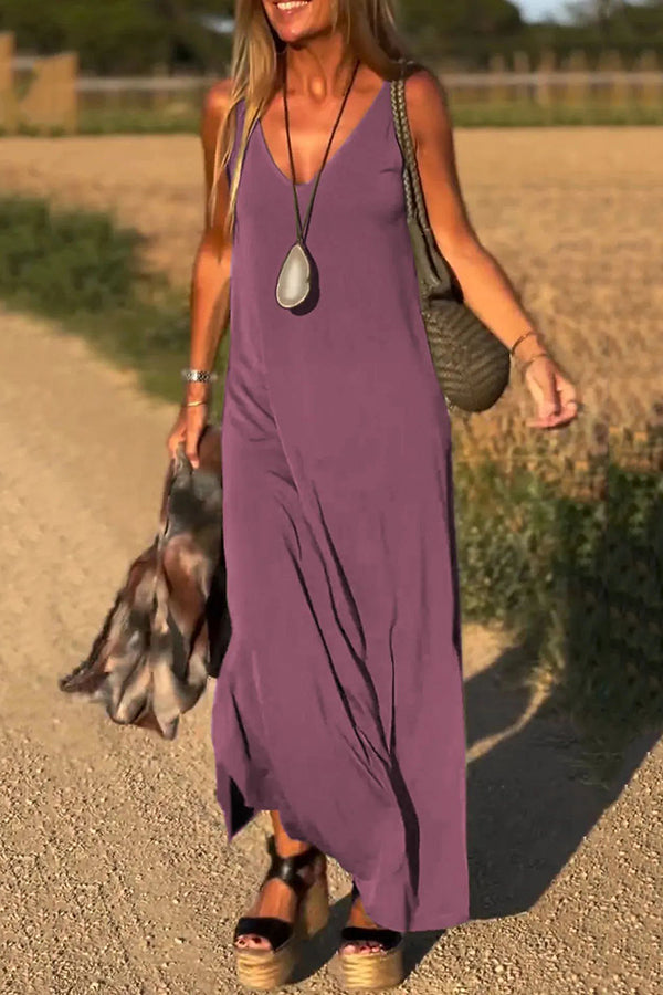 Color V-neck Sleeveless Loose Maxi Dress