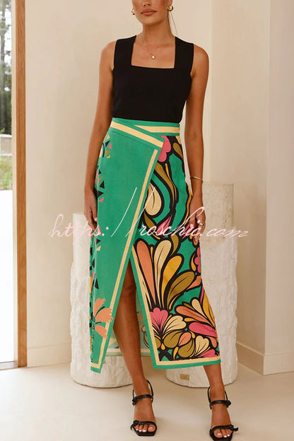 Plant Print Slit Holiday Midi Skirt