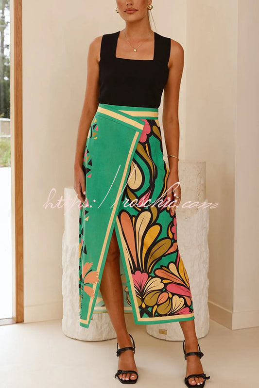 Plant Print Slit Holiday Midi Skirt