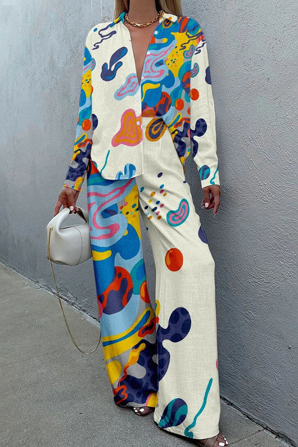 Art Print Buttoned Wide Leg Pant Suit