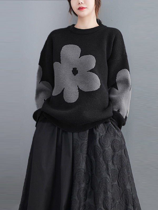 Loose Black Round-neck Contrast Color Flower Long Sleeve Sweater An1070