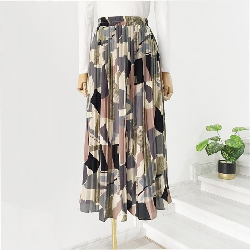 Colorful Printed Chiffon Long Pleated Skirt