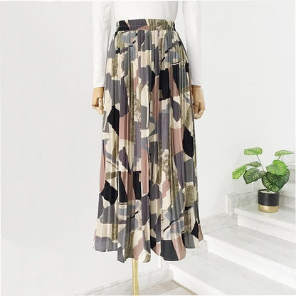 Colorful Printed Chiffon Long Pleated Skirt