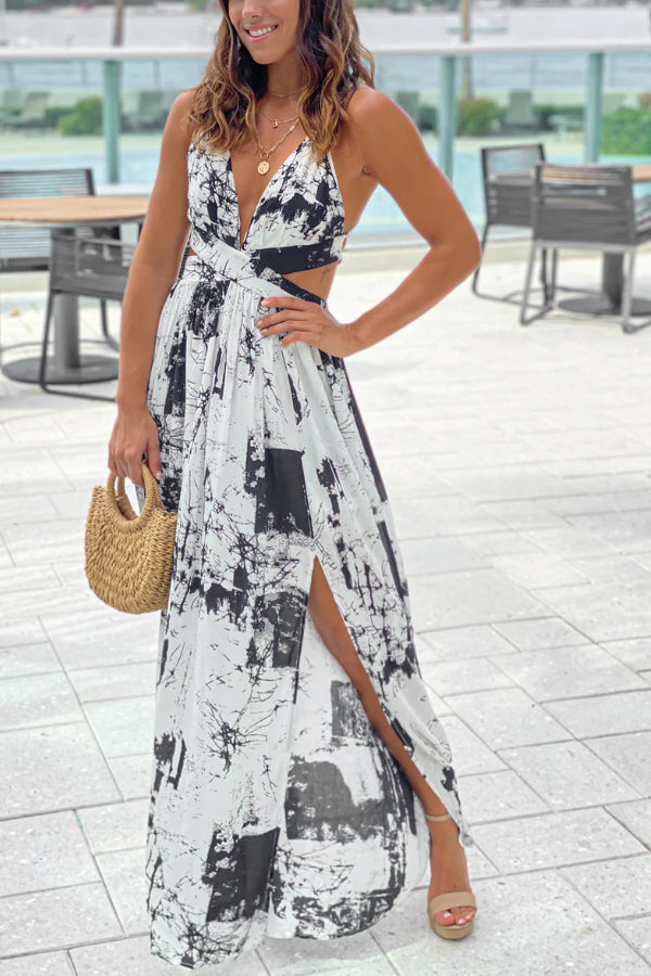 Off White Printed Maxi Dress With Cut Outs