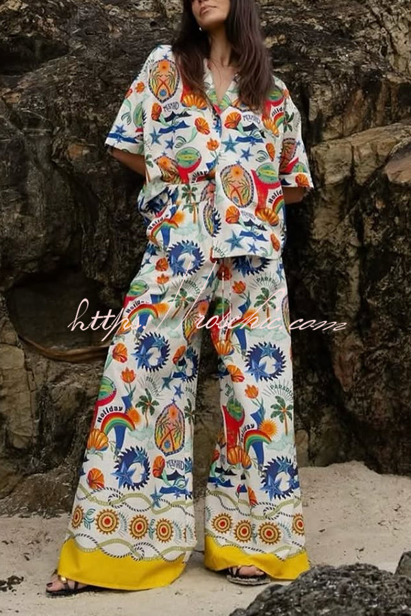 Linen Blend Unique Print Loose Short Sleeve Shirt and Elastic Waist Tie Pocket Pants Set
