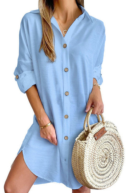 Color Button-down Shirt Style Mini Dress