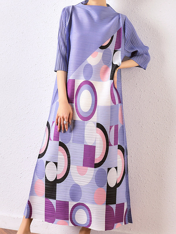 Loose Geometric Printed Pleated Midi Dress