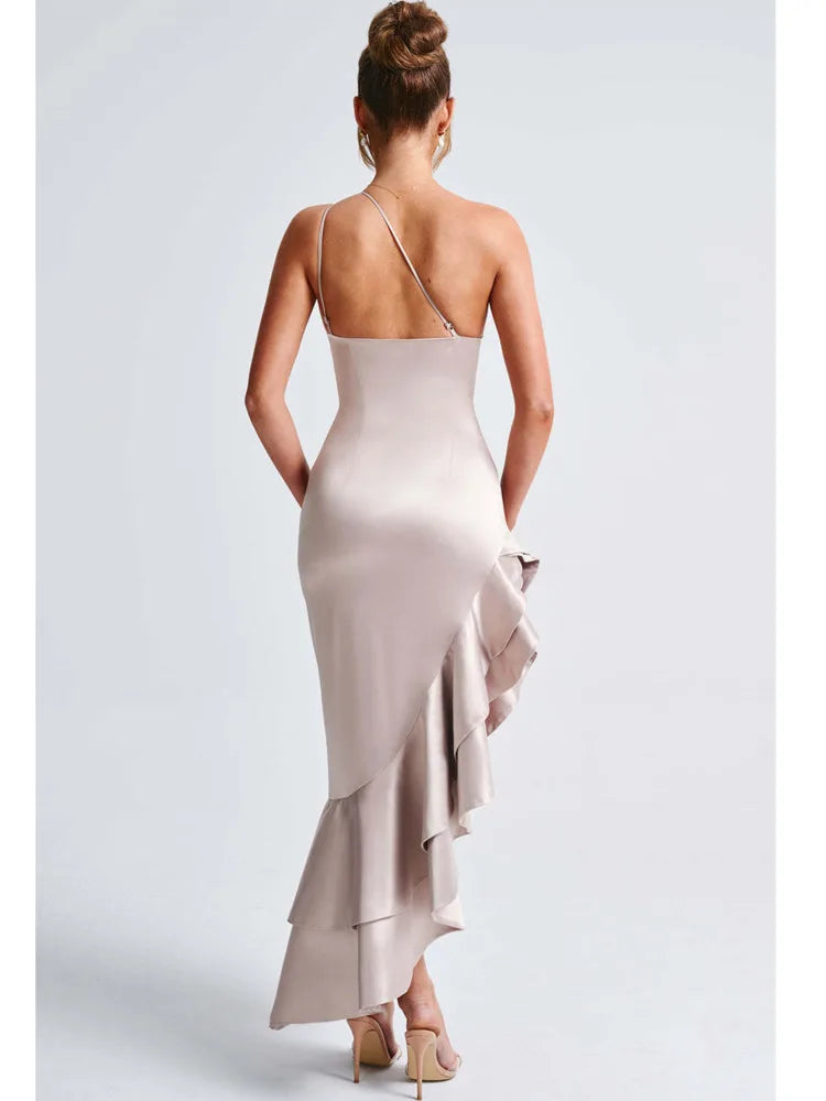 Satin Sleeveless Bodycon Ruffle Irregular Long Dress Backless Party Evening Dress Autumn New Vestido