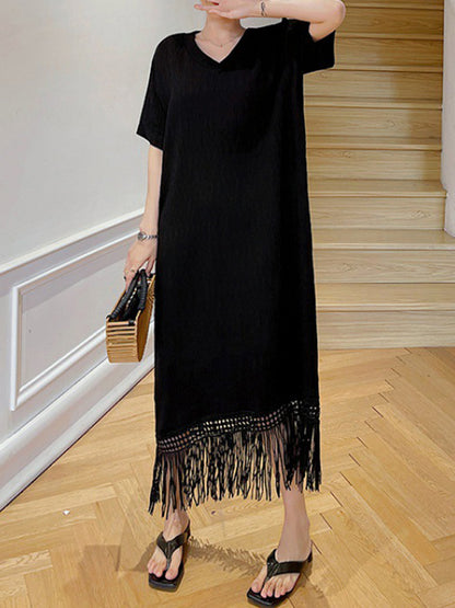 Loose Short Sleeves Color Split-joint Tasseled V-neck Midi Dresses