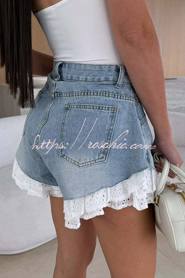 Brooke Denim High Waist Pocket Layered Lace Trim Loose Shorts