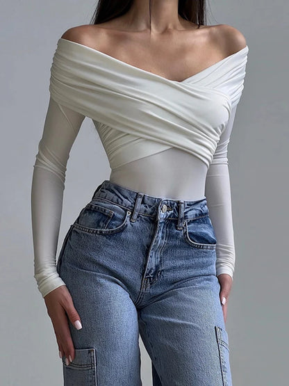 Wrinkled Cross Fitting Long Sleeves T-shirt Patchwork Pullover Top Female T-shirt Spring