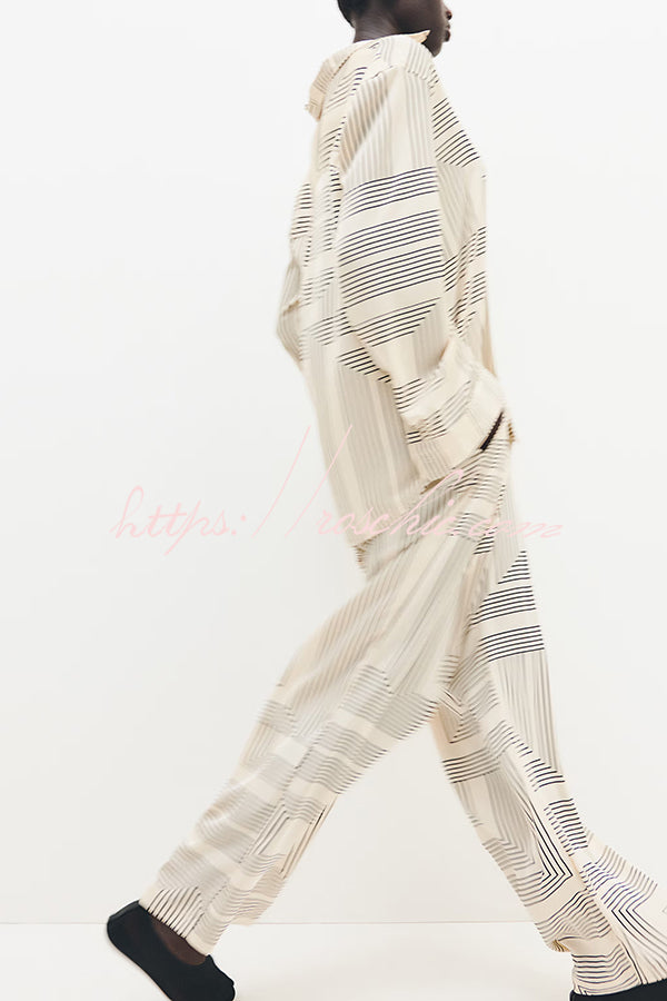 Unique Print Lapel Long Sleeve Loose Shirt and Elastic Waist Pocket Wide Leg Pants Set