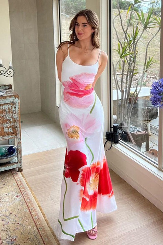 Beach Print Backless Maxi Dress