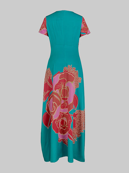 A-line Loose Printed Split-joint Deep V-neck Evening Dresses Maxi Dresses