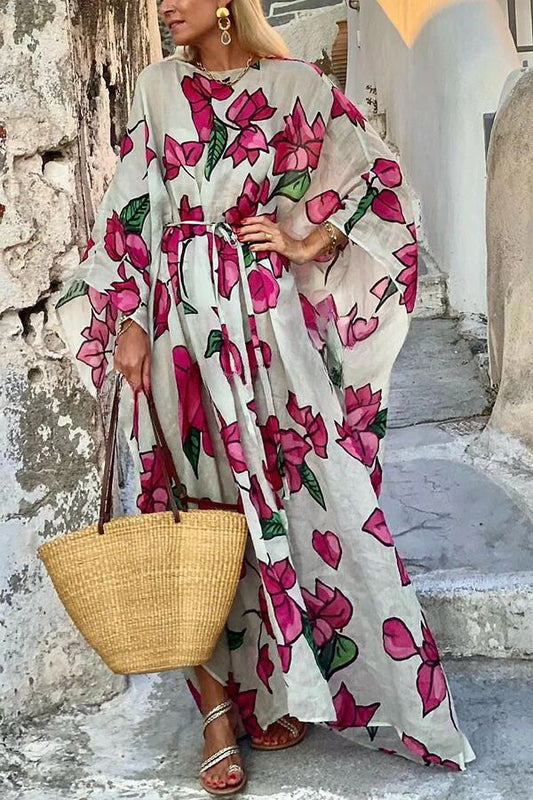 Print Dolman Sleeve Belted Loose Maxi Dress