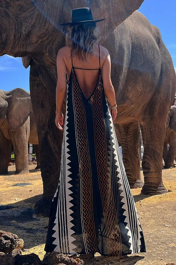 Take a Trip Print Backless A-line Maxi Dress