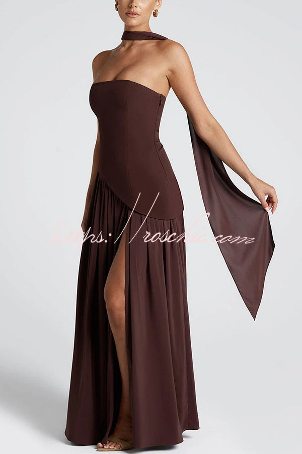 Off Shopulder Chiffon Pleated Hem Scarf Slit Maxi Dress
