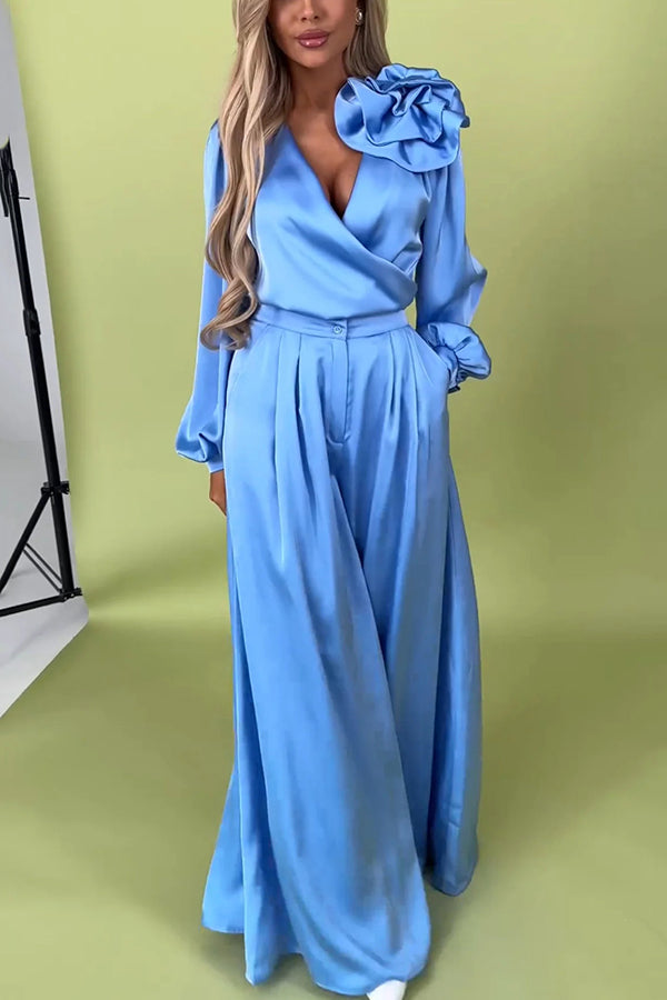 Color V-neck Long-sleeved Large Flower Decorated Top and Pocket Wide-leg Pants Set
