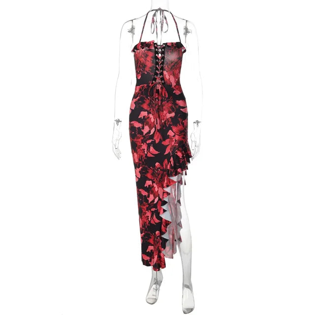 Irregular Hollow Backless Dresses Fashionable High Waist Slit Printed Long Dress Sleeveless Evening Dresses