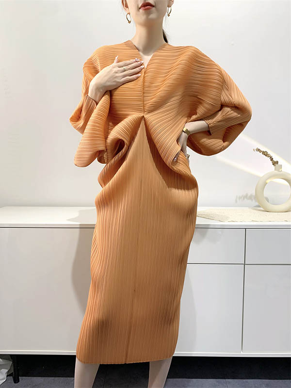Original Creation Loose Batwing Sleeves Pleated Color V-neck Midi Dresses