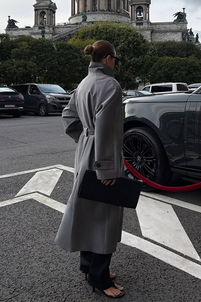 Lazy- European Color Stand Collar Belted Long Overcoat