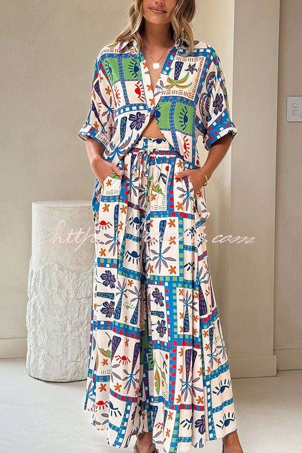 Unique Print Lapel Short Sleeve Loose Shirt and Elastic Waist Pocket Wide Leg Pants Set