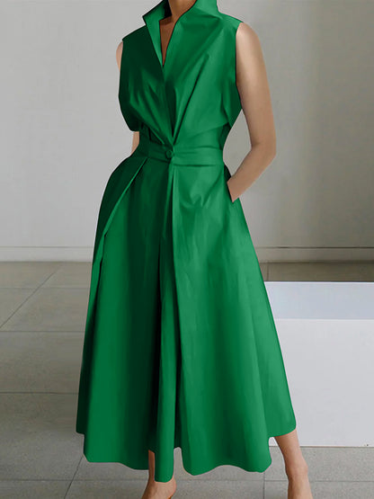 Sleeveless Color Lapel Midi Dresses
