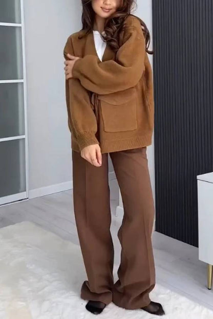 Color Versatile V-neck Pocket Sweater Jacket