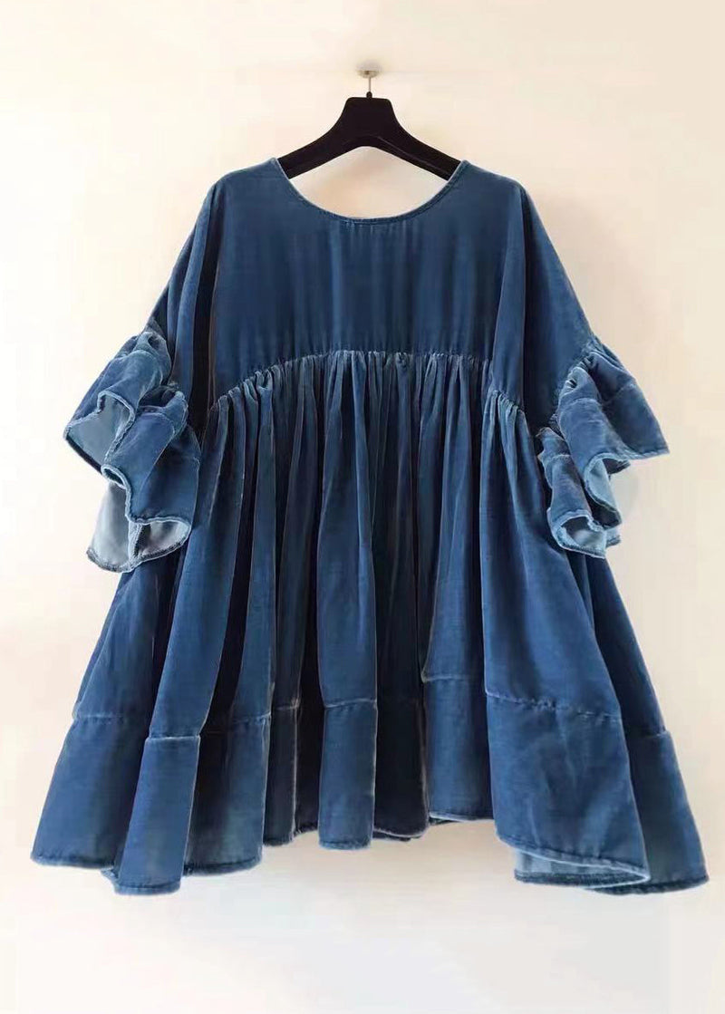 Blue Wrinkled Patchwork Velour Butterfly Sleeve Blouse