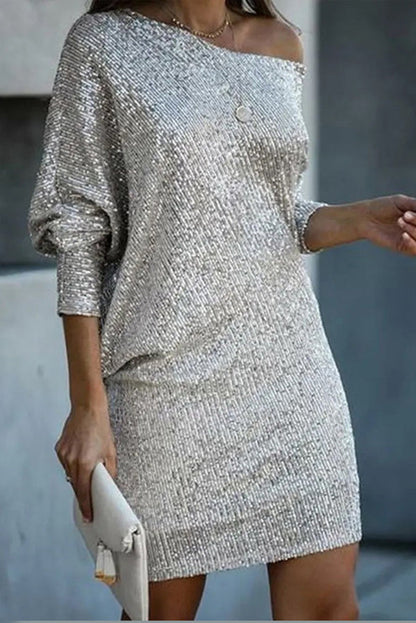 Sequined Off-shoulder Loose Mini Dress