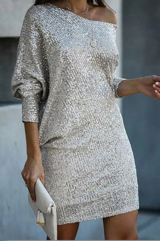 Sequined Off-shoulder Loose Mini Dress