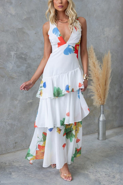 Refreshing Print Back Lace-up Multi-teir Ruffle Hem Maxi Dress