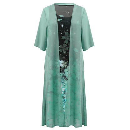 Kaftan Flower Ink Painting With Cardigan Shawl Sets Tunic Dress