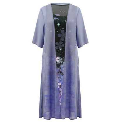 Kaftan Flower Ink Painting With Cardigan Shawl Sets Tunic Dress