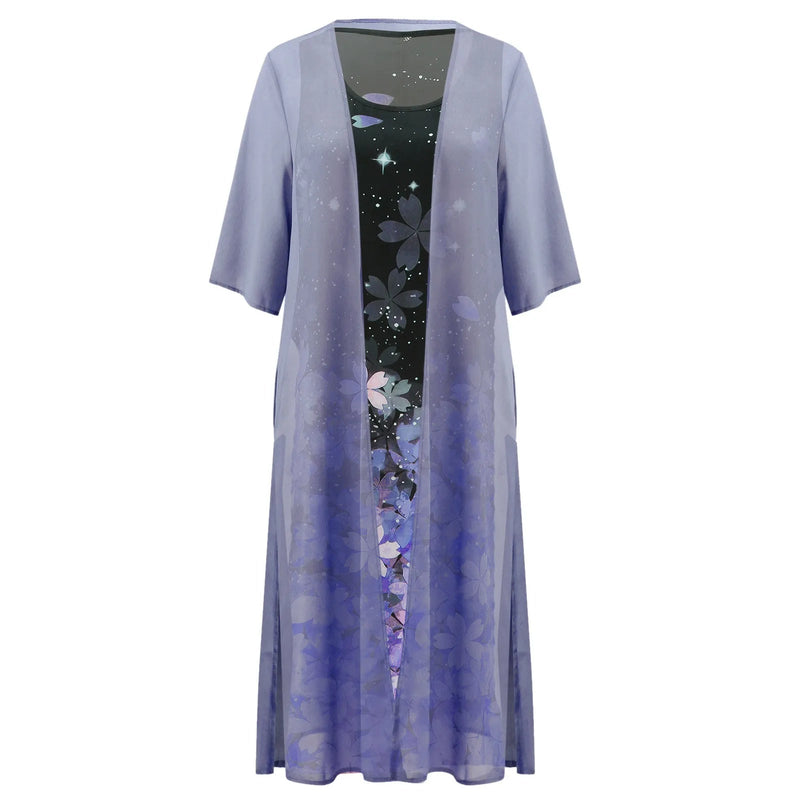 Kaftan Flower Ink Painting With Cardigan Shawl Sets Tunic Dress