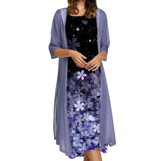 Kaftan Flower Ink Painting With Cardigan Shawl Sets Tunic Dress