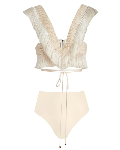 Beach Fringed Color Bikini Swimsuit and Skirt