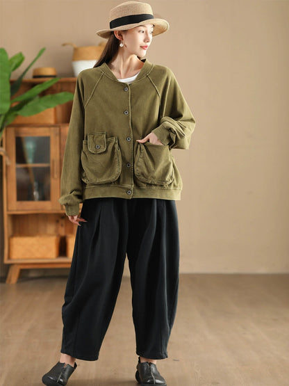 Retro Pure Color Stand Collar Pocket Cotton Coat Ax1008