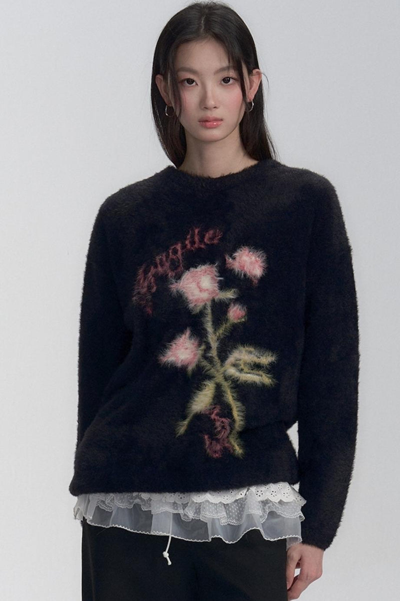 Embroidered Fuzzy Sweater
