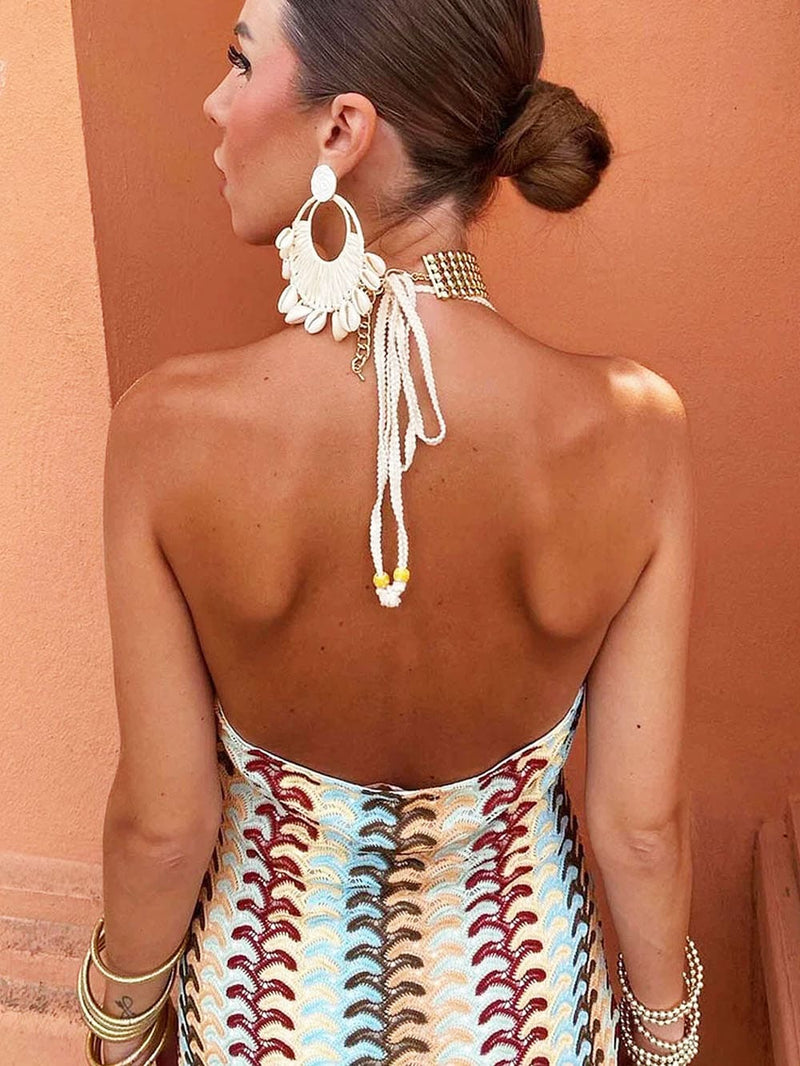 Halter V Neck Backless Pattern Knit Slim-fit Vacation Maxi Dresses-beige