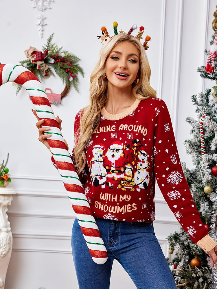 Crewneck Embroidered Sweater – Santa Claus & Penguin