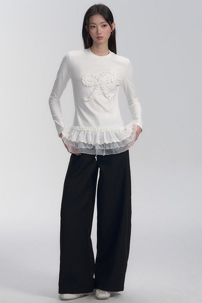 Ruffle Bow Lace Trim Sweater