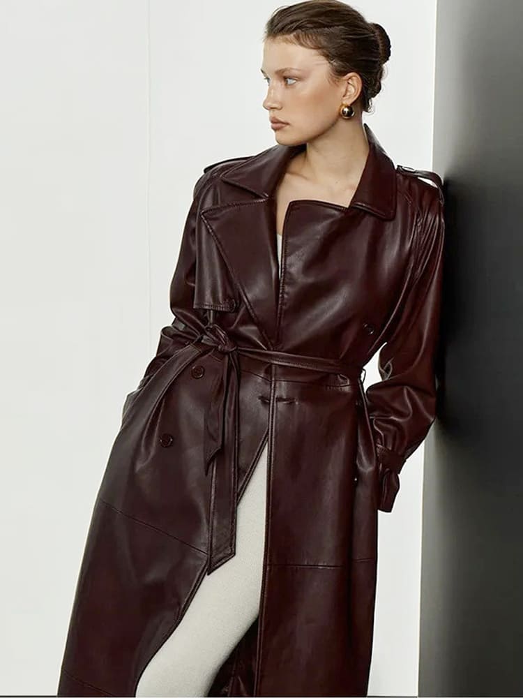 Lapel Pu Leather Trench Coat With Belted Waist
