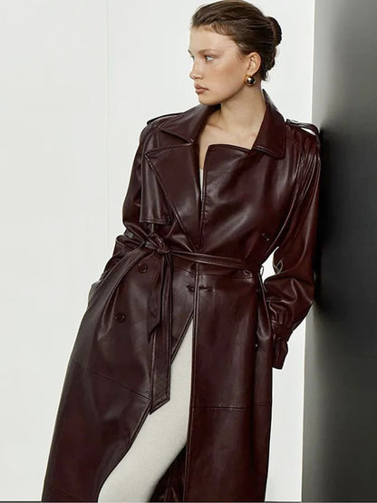 Lapel Pu Leather Trench Coat With Belted Waist