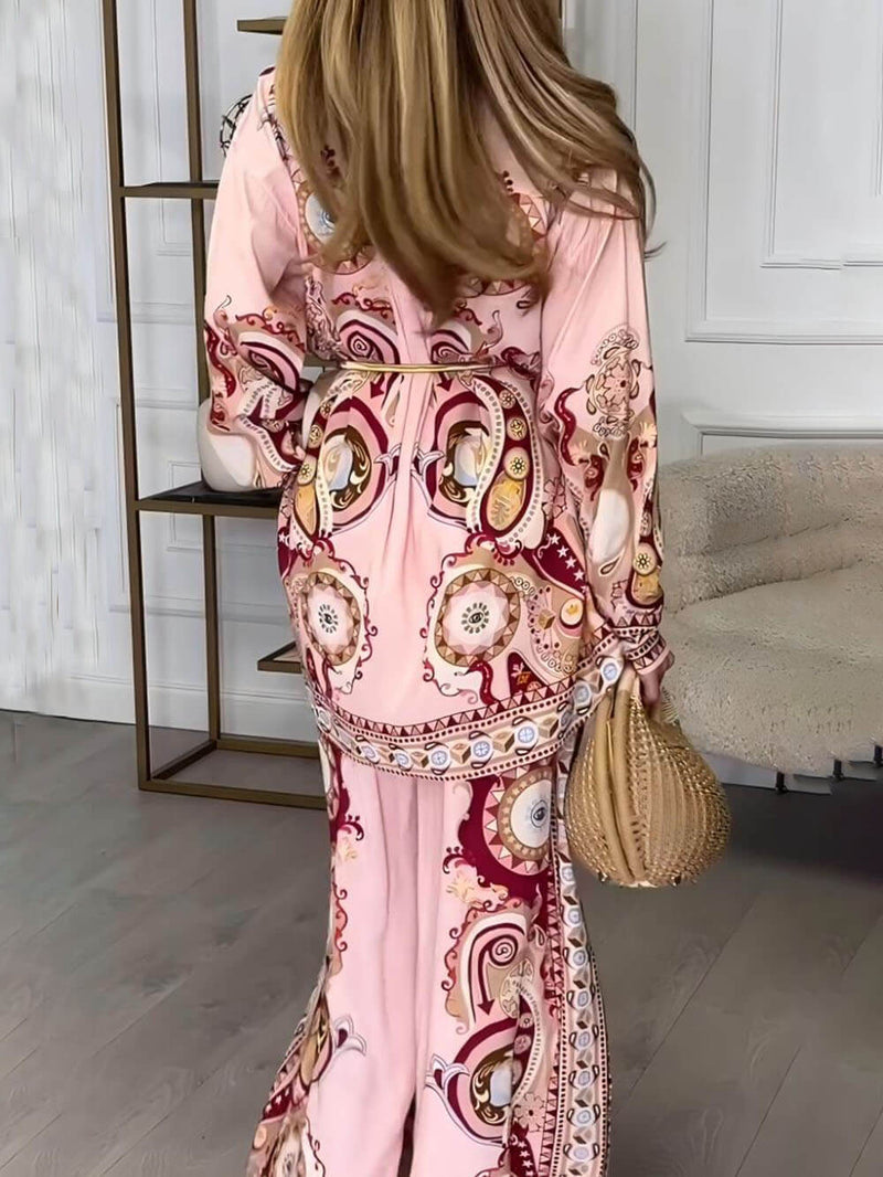 Modern and Exquisite Unique Satin Pattern Print Elastic Waist Loose Wide-leg Pants