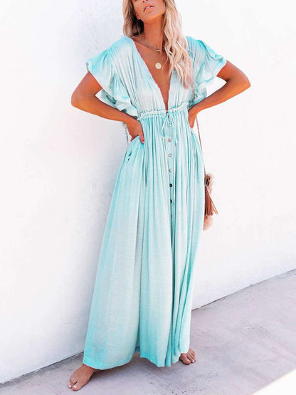 Button Cotton Linen Perfect Beach Maxi Dress